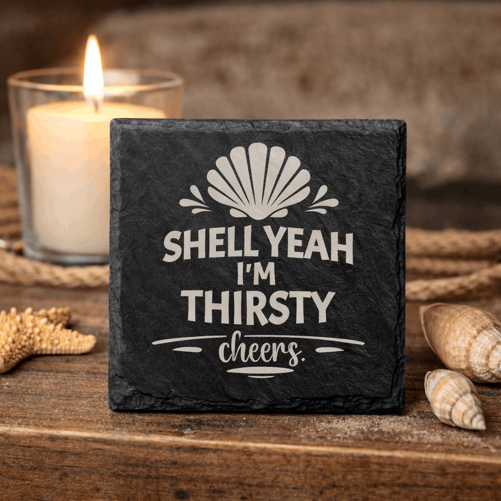 Square black slate coaster engraved “Shell Yeah I’m Thirsty cheers” with seashell icon.