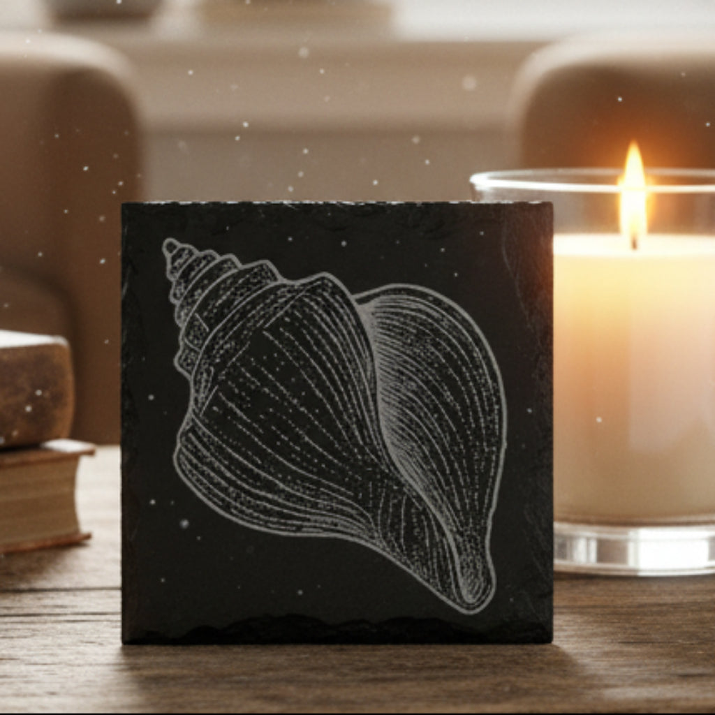Black slate coaster with a white shell design engraved.