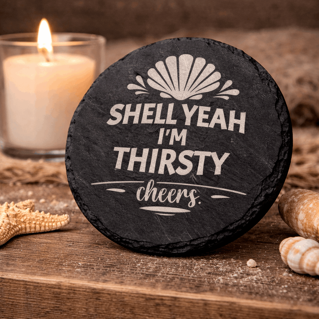 Round slate coaster with 'Shell yeah I'm thirsty cheers' text, candle, and shells on a wooden surface
