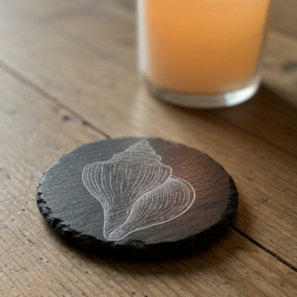 Black slate coasters with a white shell design engraved.