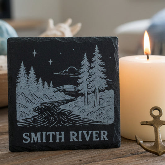 4" Slate coaster with engraved landscape and 'Smith River' text.
