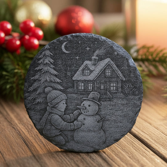 Decorative stone with a winter scene of a boy making a snowman and a house in the background.