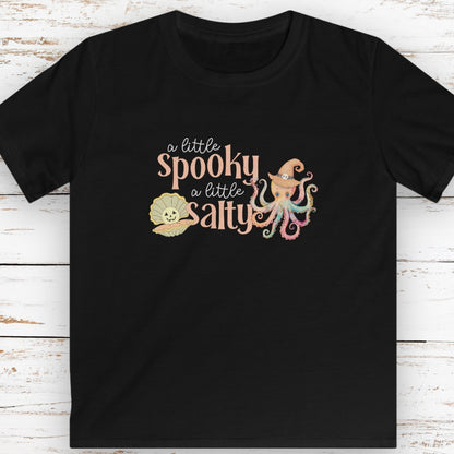 Black kids t-shirt with pumpkin clam and octopus with witches hat with text that says a little spooky a little salty