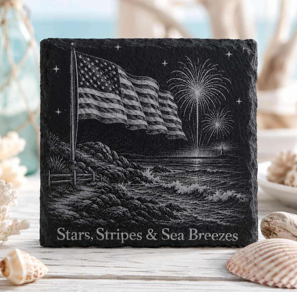 Laser engraved natural slate coaster featuring a patriotic bald eagle, fireworks, lighthouse, and "Land of the Free" with protective padded feet.