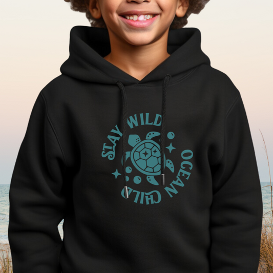 Black hoodie with sea turtle with text Stay Wild Ocean Child.