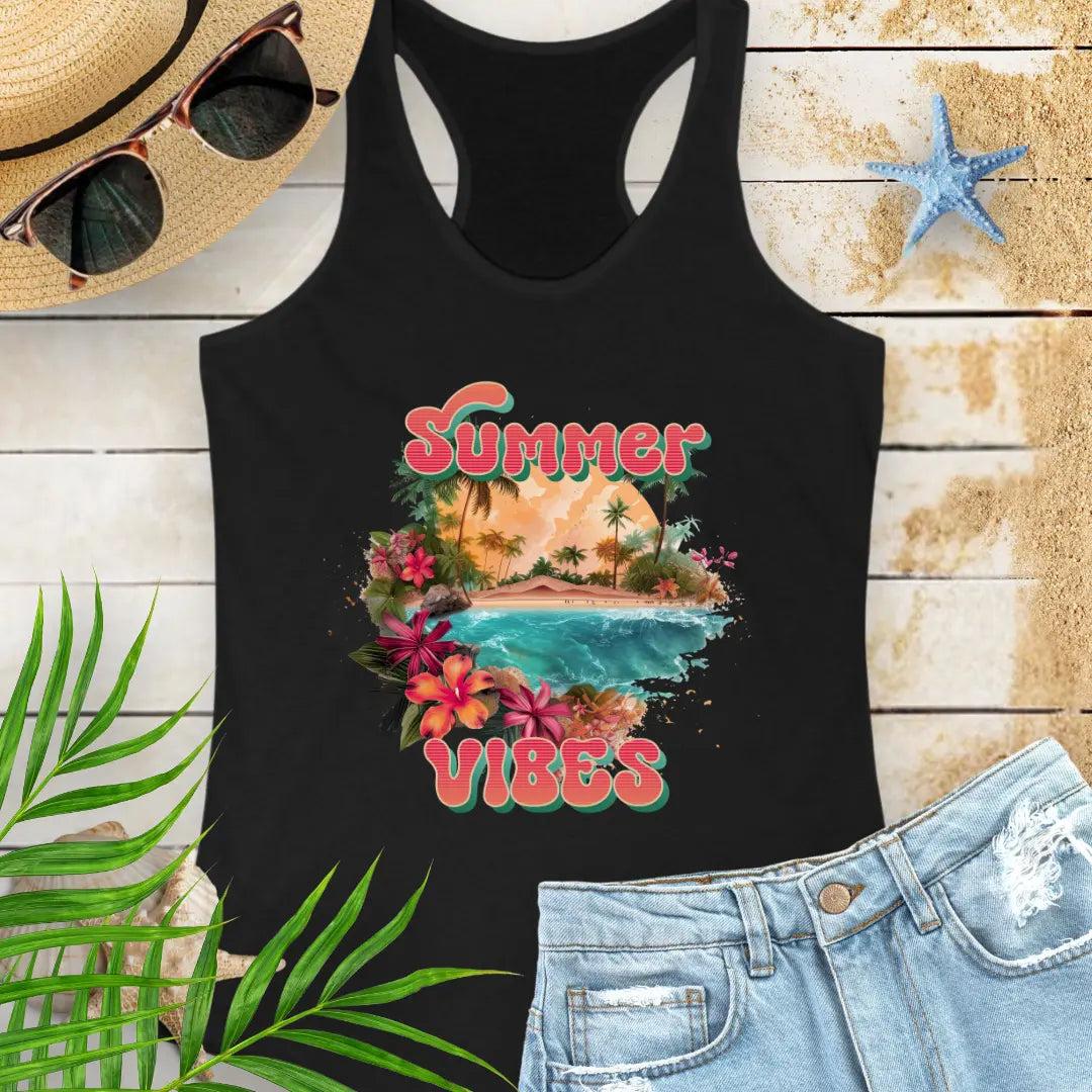 A black racerback tank top with 'Summer Vibes' text and a beach-themed graphic,
