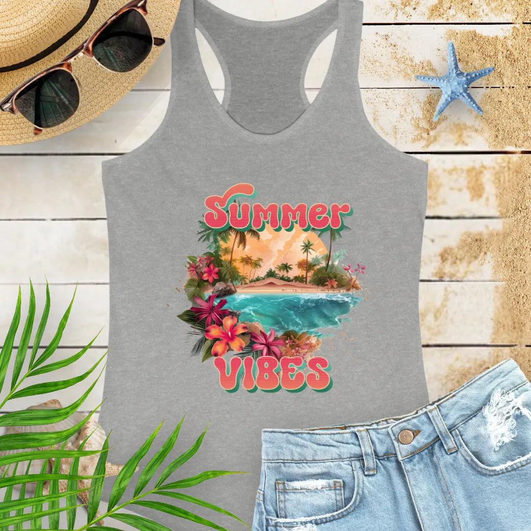 An athletic gray racerback tank top with 'Summer Vibes' text and a beach-themed graphic,