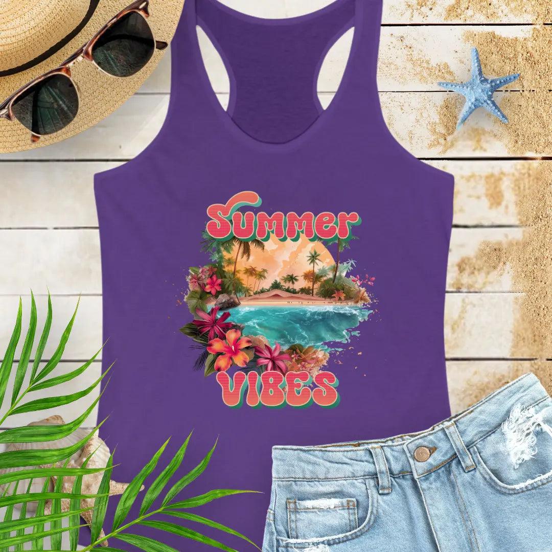 A purple racerback tank top with 'Summer Vibes' text and a beach-themed graphic,