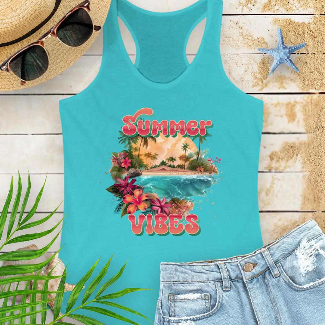 A tahiti blue racerback tank top with 'Summer Vibes' text and a beach-themed graphic,