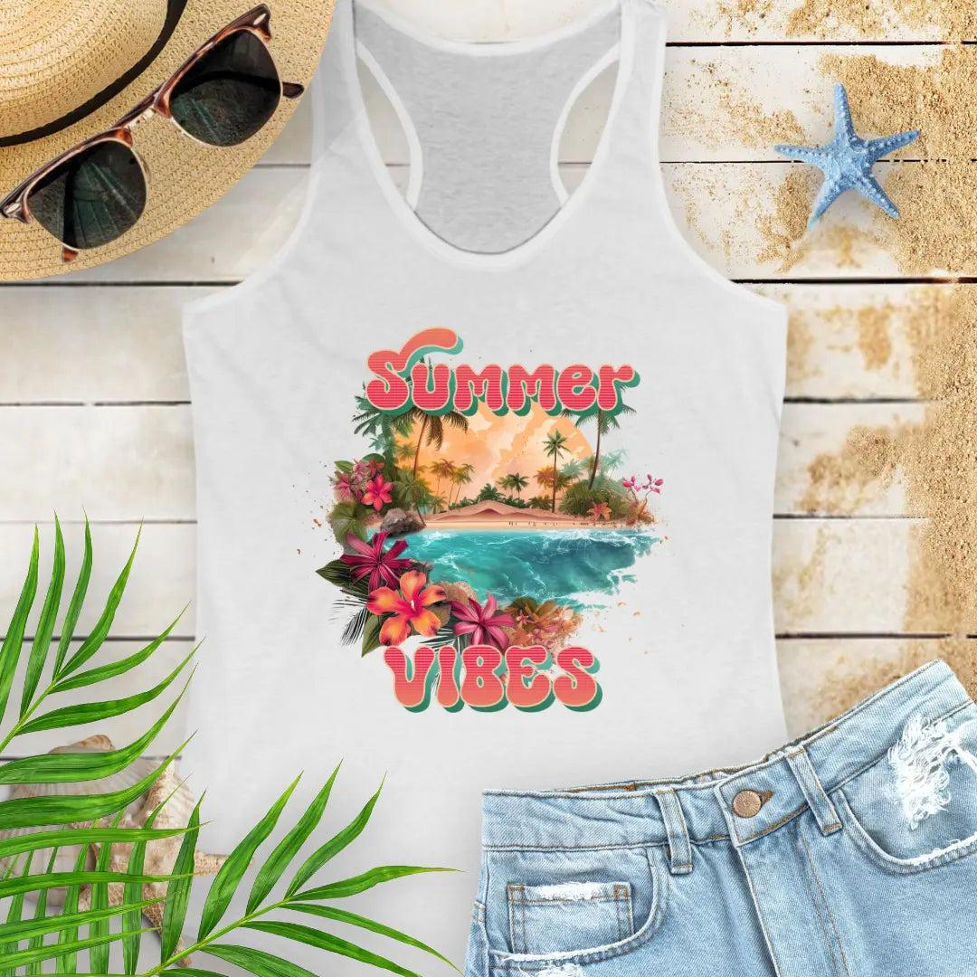 A white racerback tank top with 'Summer Vibes' text and a beach-themed graphic,