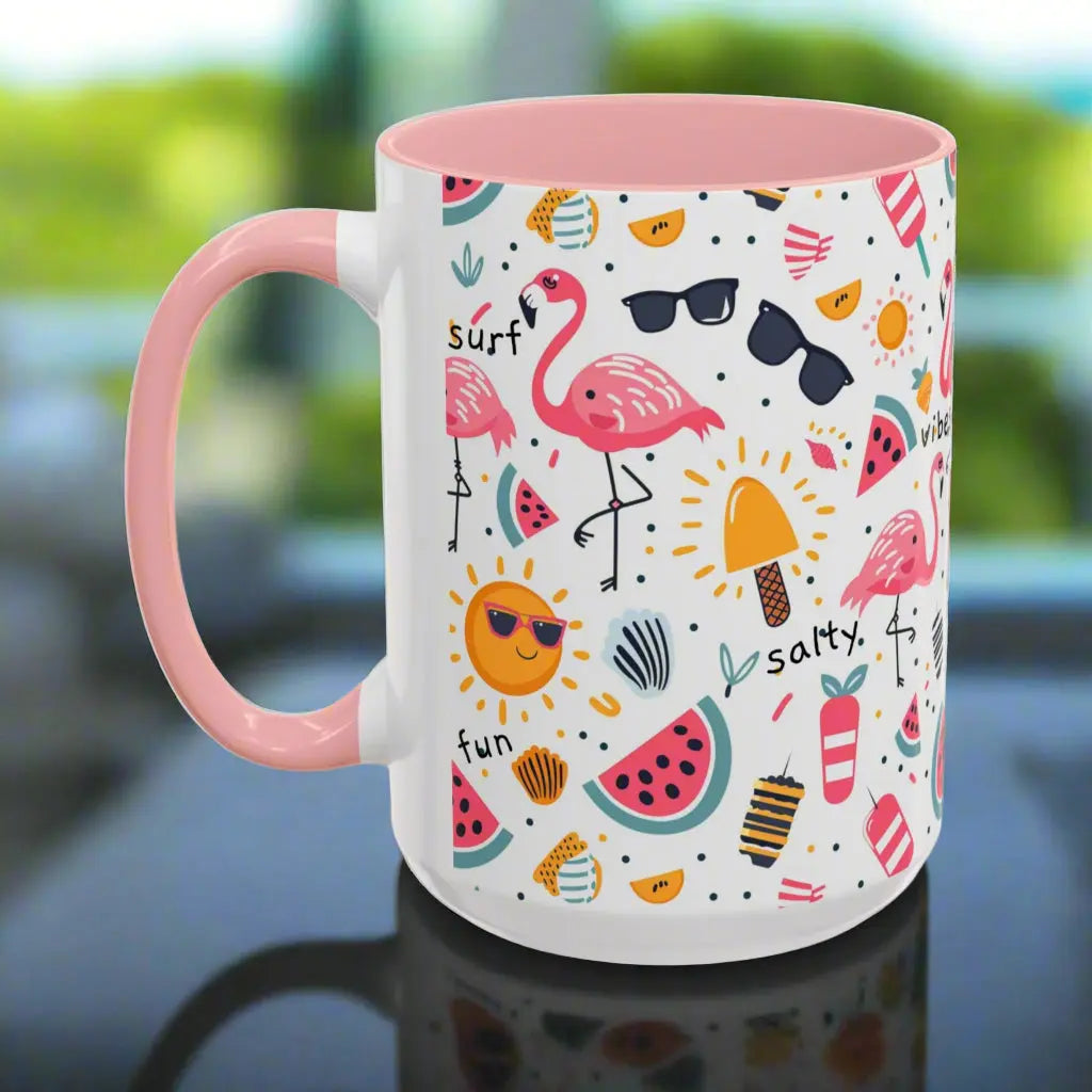 White beach-themed 15 oz coffee mug with Pink inside and handle colorful fun designs featuring flamingos, watermelon slices, sun, and popsicles. Perfect summer mug for beach lovers, tropical vibes, and sunny morning coffee.