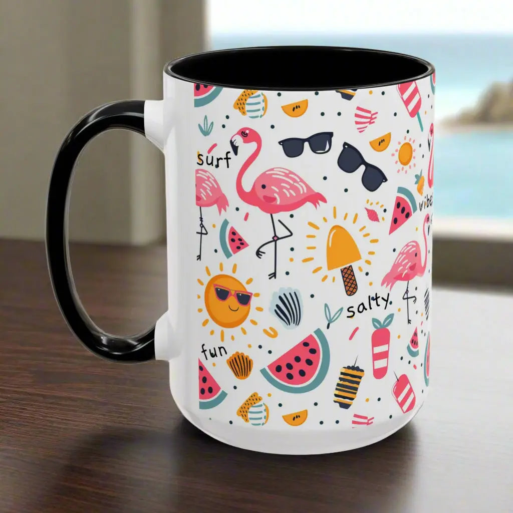 White beach-themed 15 oz coffee mug with black inside and handle with colorful fun designs featuring flamingos, watermelon slices, sun, and popsicles. Perfect summer mug for beach lovers, tropical vibes, and sunny morning coffee.