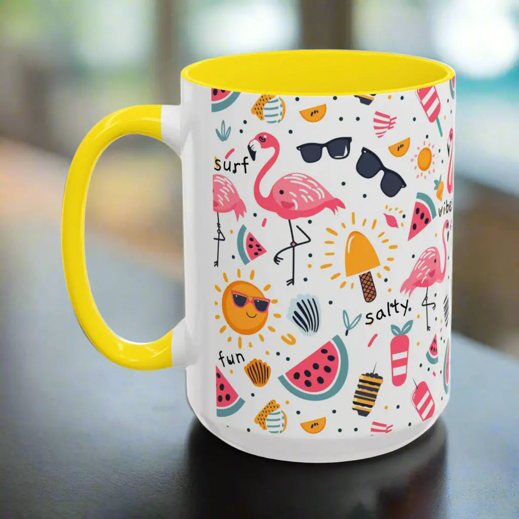 White beach-themed 15 oz coffee mug with yellow inside and handle colorful fun designs featuring flamingos, watermelon slices, sun, and popsicles. Perfect summer mug for beach lovers, tropical vibes, and sunny morning coffee.