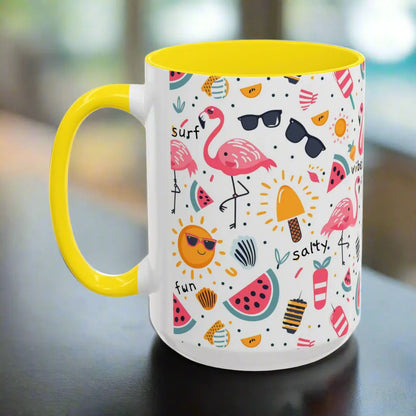 White beach-themed 15 oz coffee mug with yellow inside and handle colorful fun designs featuring flamingos, watermelon slices, sun, and popsicles. Perfect summer mug for beach lovers, tropical vibes, and sunny morning coffee.