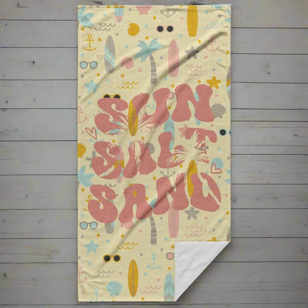 butter yellow background beach towel with retro text Sun Salt and Sand
