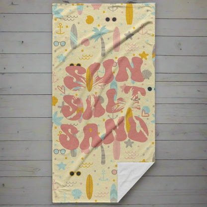 butter yellow background beach towel with retro text Sun Salt and Sand