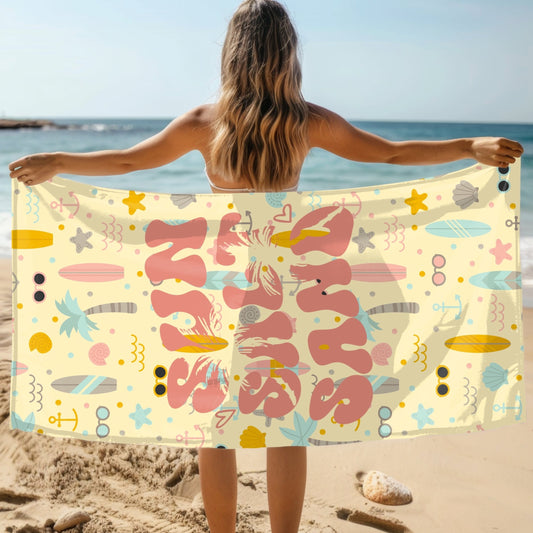 butter yellow background beach towel with retro text Sun Salt and Sand