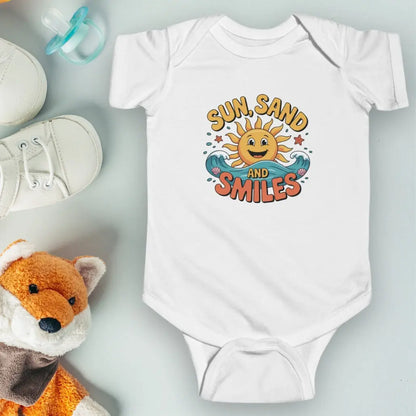 White One-piece short-sleeved infant bodysuit with a smiley sun and waves that says Sun, Sand and Smiles.
