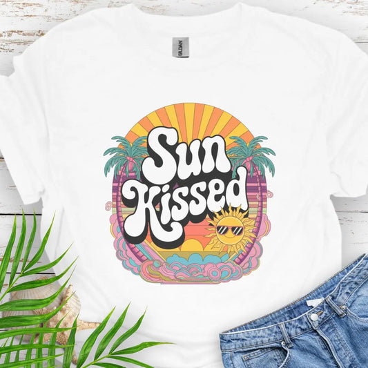 A retro beach scene with fun Sunkissed text in White.