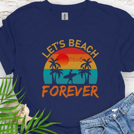 A retro sunset with two palm trees and a surfer walking that says Let's Beach Forever in Navy.