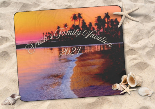 Sunset image beach blanket with Personalized Family Vacation Text