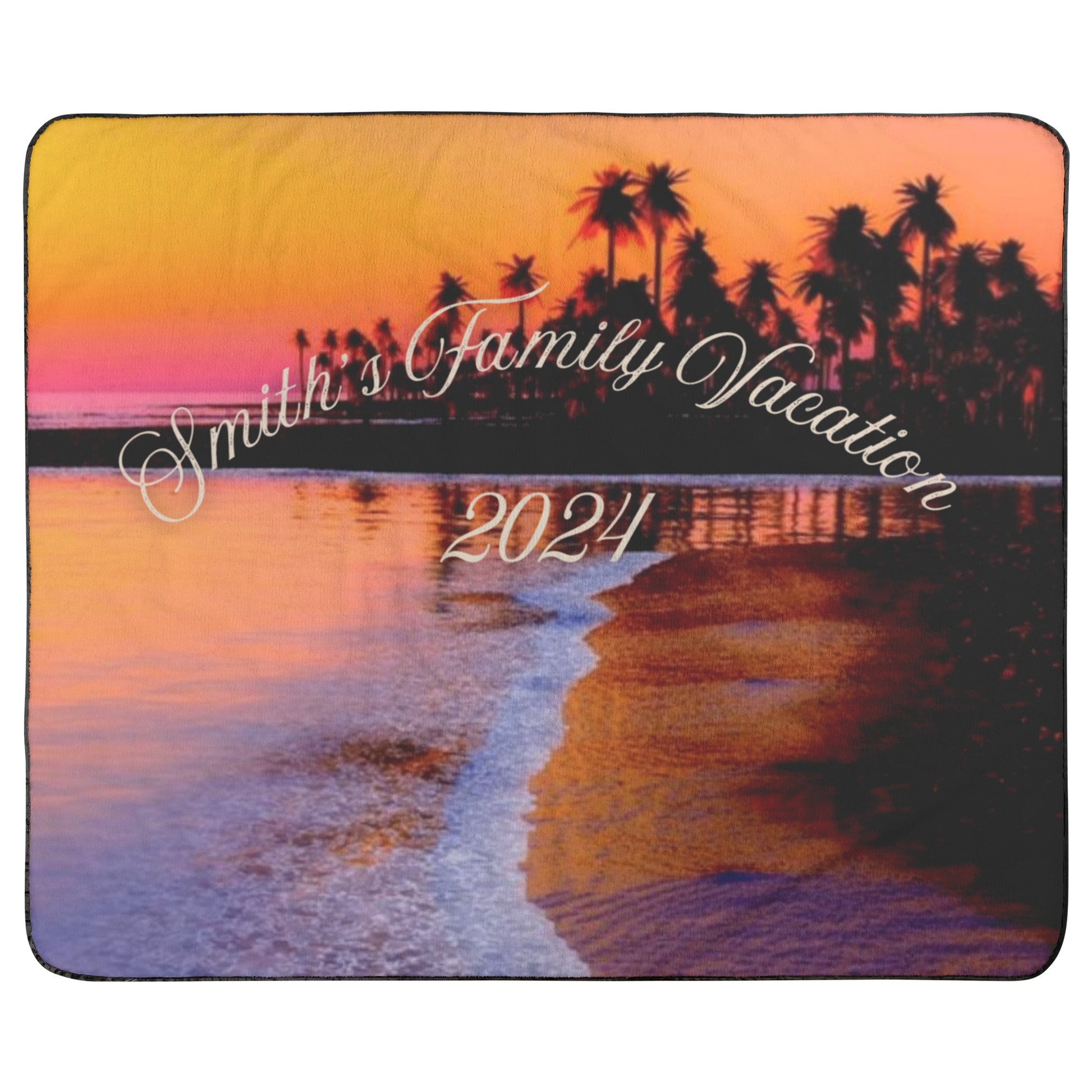 Personalized family vacation outdoor beach blanket with waterproof back with palm trees and sunset design.