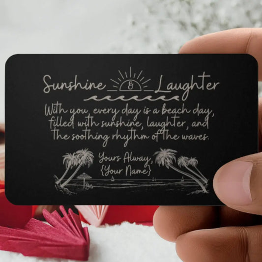 Engraved wallet card titled "Sunshine and Laughter," featuring a heartfelt message with matching graphics, personalized with a name, and gift-boxed—perfect for a loved one.