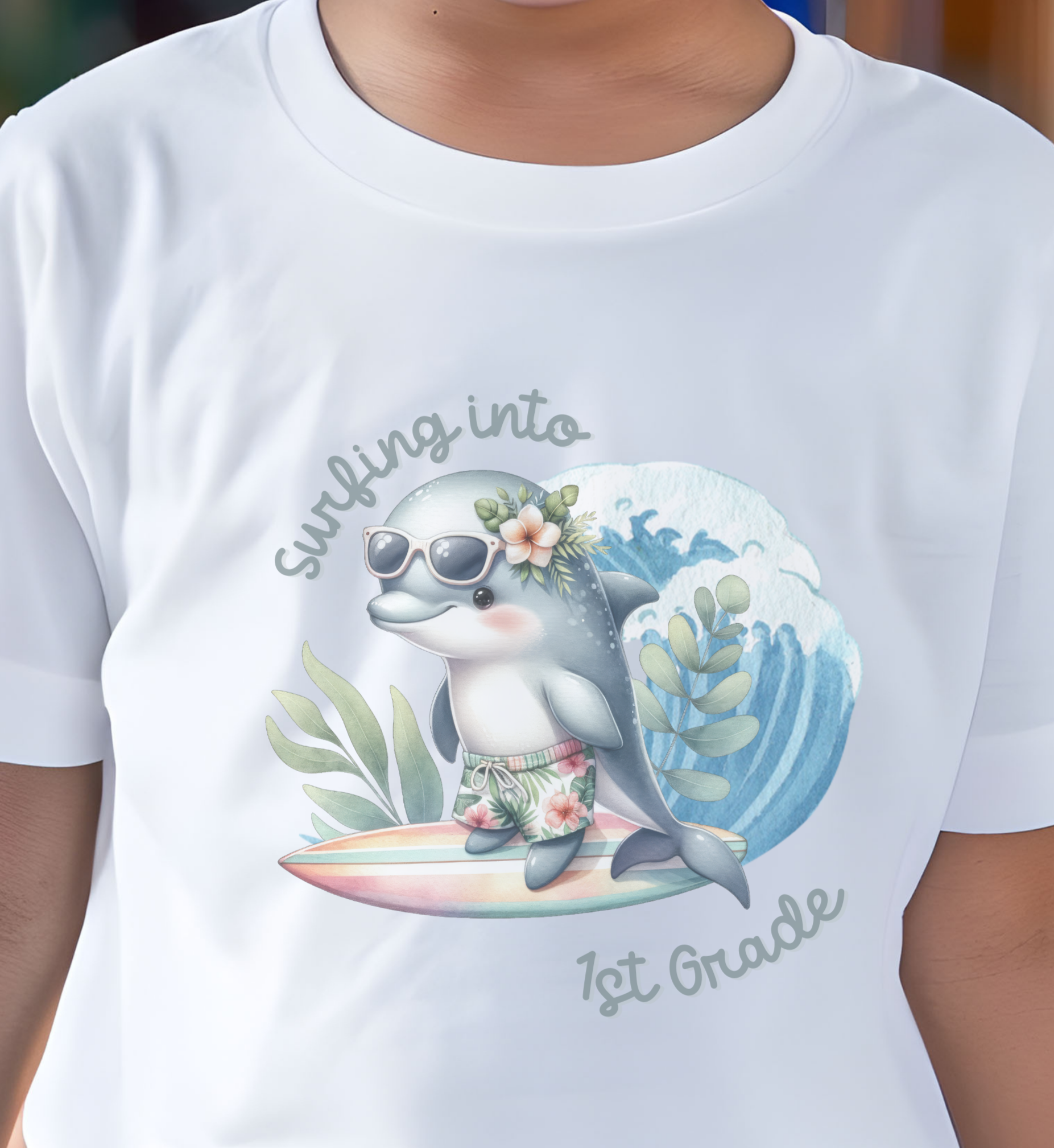 Child's T-shirt with surfing baby dolphin with text surfing into 1st grade