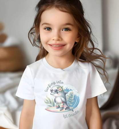 Child's T-shirt with surfing baby dolphin with text surfing into 1st grade