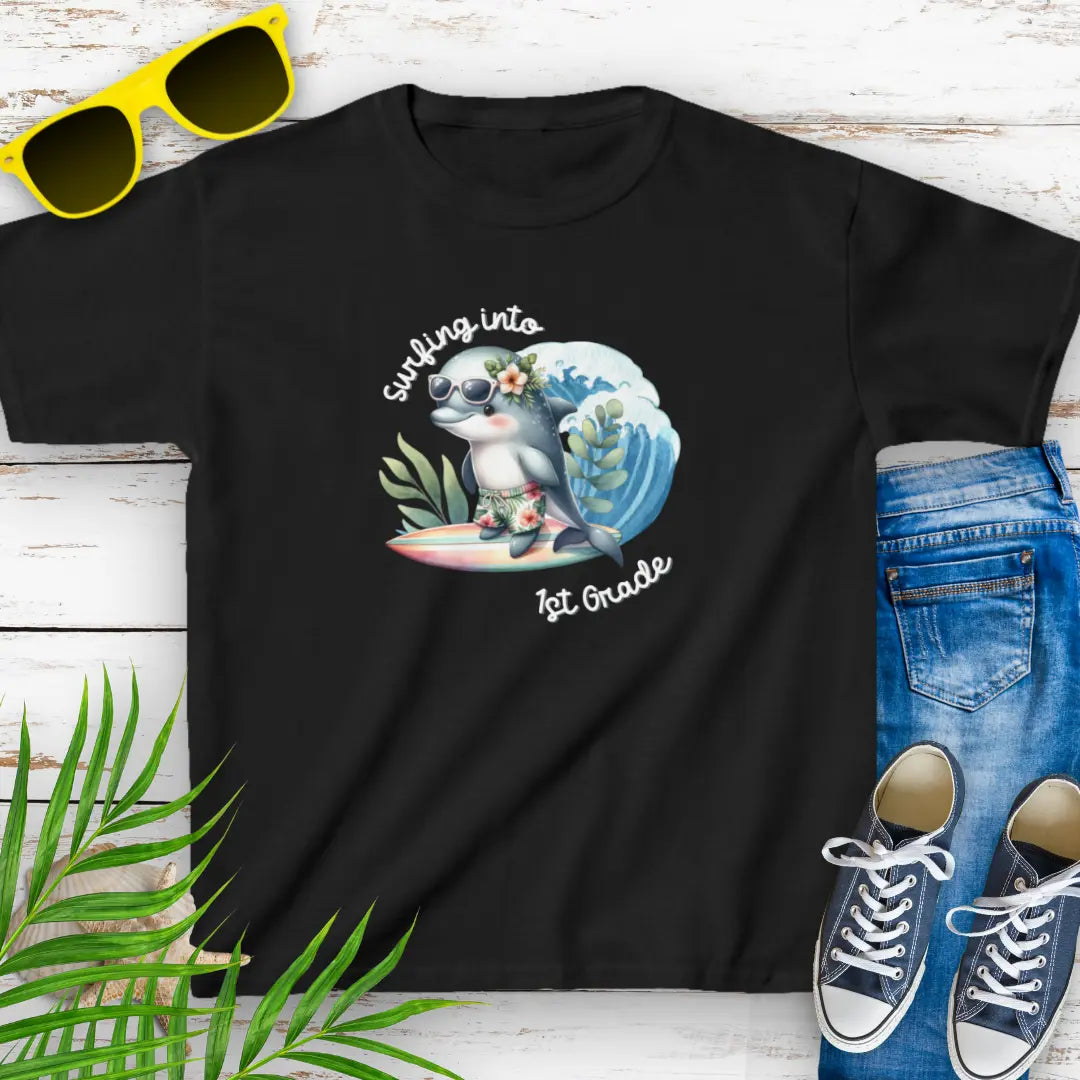 Surf Into 1st Grade Child's T-Shirt  Kids clothes M-Black Everythings Beachy