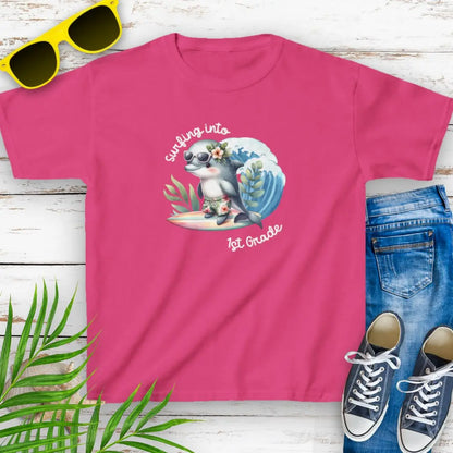 Surf Into 1st Grade Child's T-Shirt  Kids clothes M-Heliconia Everythings Beachy
