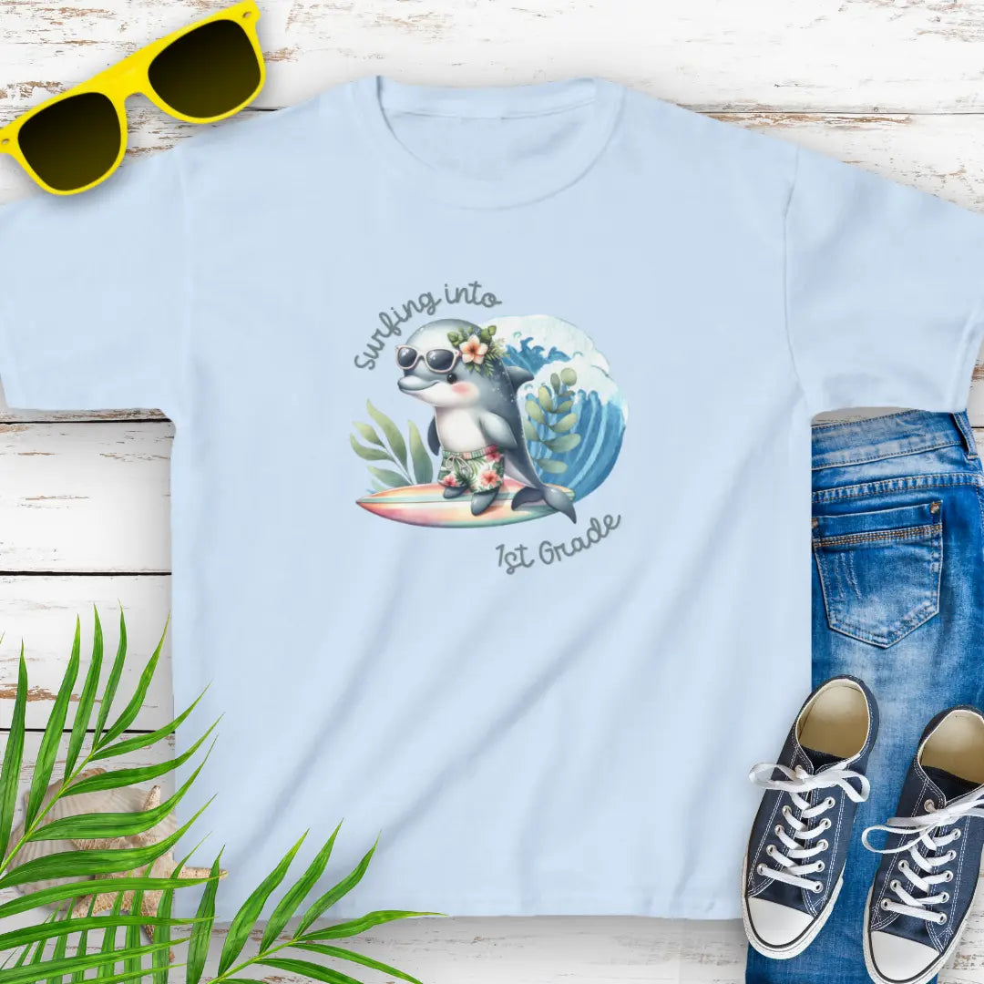 Surf Into 1st Grade Child's T-Shirt  Kids clothes M-Light-Blue Everythings Beachy