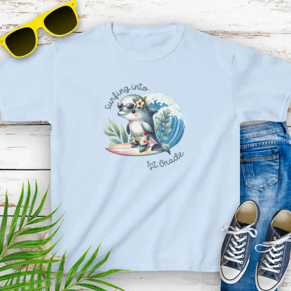 Surf Into 1st Grade Child's T-Shirt  Kids clothes M-Light-Blue Everythings Beachy