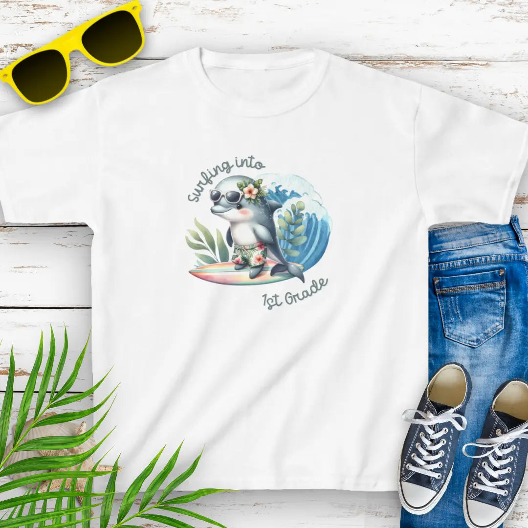 Surf Into 1st Grade Child's T-Shirt  Kids clothes M-White Everythings Beachy