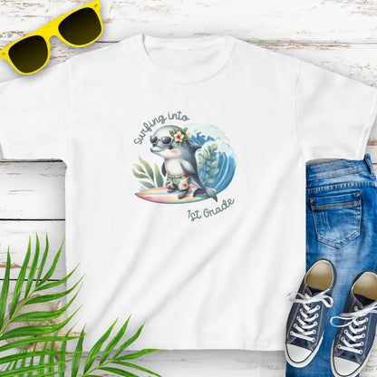 Surf Into 1st Grade Child's T-Shirt  Kids clothes M-White Everythings Beachy