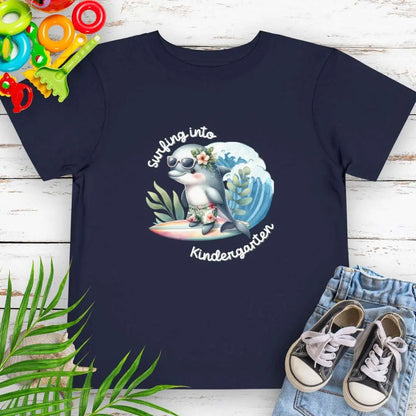 Surfing Into Kindergarten Black Heather Mauve Toddler's T-shirt with a fun dolphin surfing.
