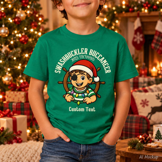 Boy wearing a green Christmas t-shirt with a boy pirate and ship wheel with the text "Swashbuckler Buccaneer Jolly Deckhand" that can be personalized.
