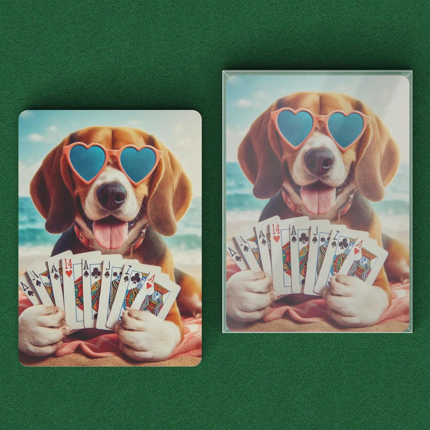 Playing cards with a beagle in heart glasses holding playing cards while laying on a beach and clear box