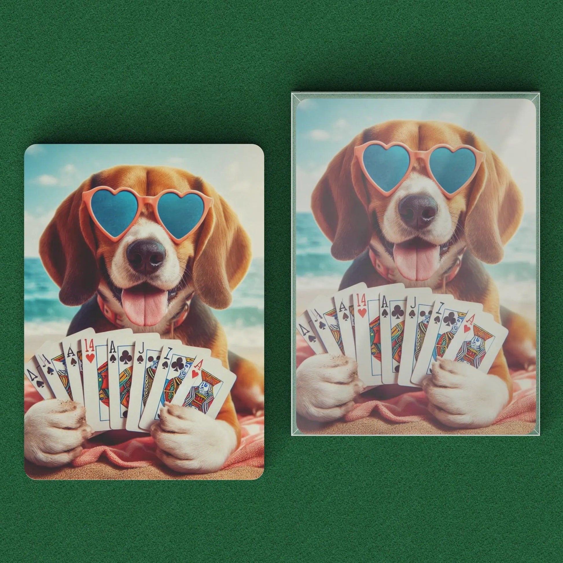 Playing cards with a beagle in heart glasses holding playing cards while laying on a beach and clear box