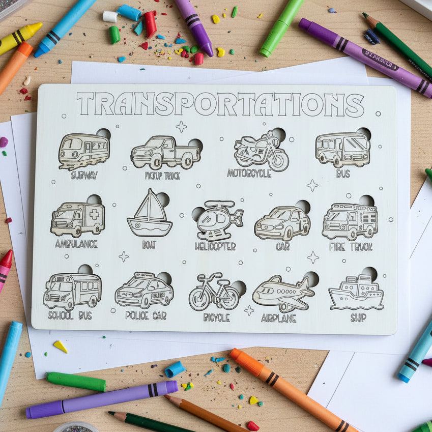 A wooden puzzle board with engraved transportation vehicles including subway, pickup truck, motorcycle, bus, ambulance, boat, helicopter, car, fire truck, school bus, police car, bicycle, airplane, and ship, with cutouts for each piece.