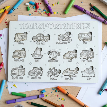 A wooden puzzle board with engraved transportation vehicles including subway, pickup truck, motorcycle, bus, ambulance, boat, helicopter, car, fire truck, school bus, police car, bicycle, airplane, and ship, with cutouts for each piece.