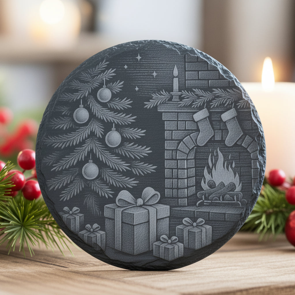 Decorative Christmas Slate Coaster with a fireplace and tree design engraved.