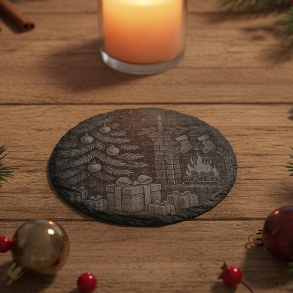 Decorative Christmas coaster with fireplace and tree design engraved.