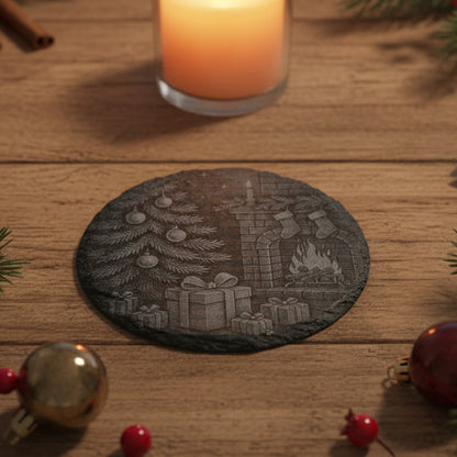 Decorative Christmas coaster with fireplace and tree design engraved.