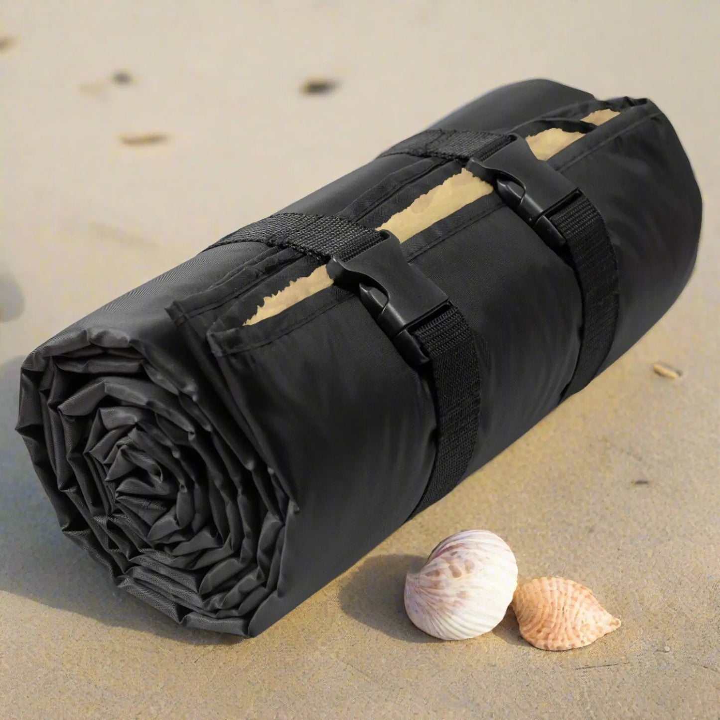 Rolled up and clipped outdoor beach blanket