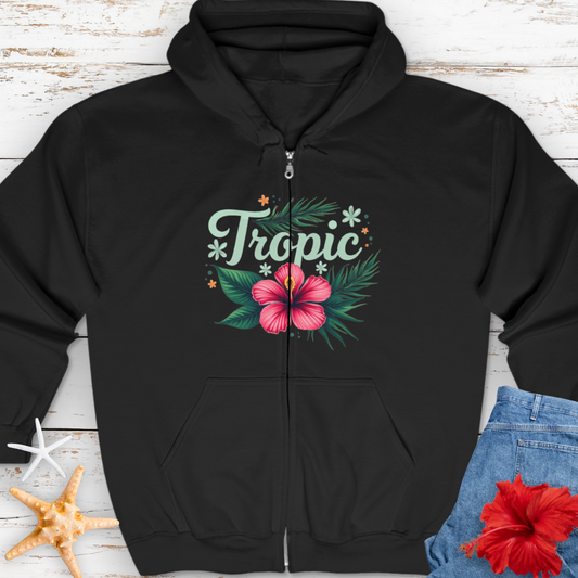 Black Front Zip Hooded Sweatshirt with hibiscus flower with the text Tropic.