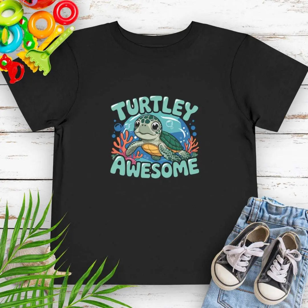 Turtley Awesome Toddler's Black T-shirt with cartoon sea turtle underwater.