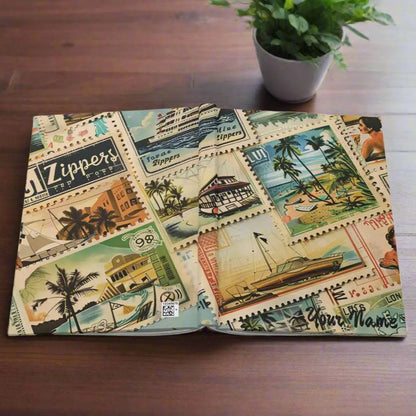 Journal with vintage travel stamps that can be personalized with your name.