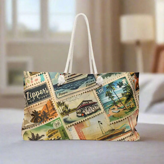 Our Vintage Traveler Weekender Tote Bag constructed from a durable material with a rope handle with metal grommets featuring an array of vintage stamps. 