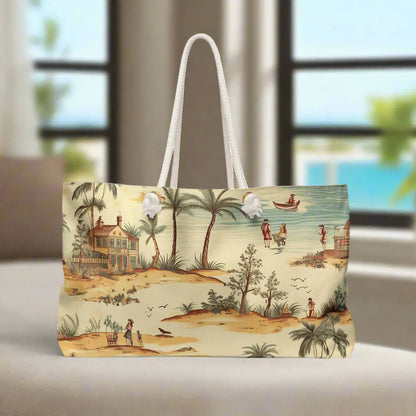 Our Vintage Beach Weekender Tote Bag constructed from a durable material with a rope handle with metal grommets featuring a vintage beach scene. 